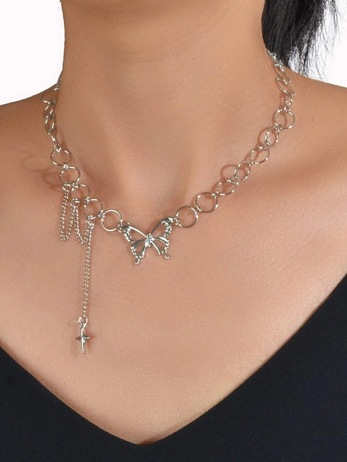 Silver Chain Star Butterfly Fringe Necklace Tassel Collar Accessories