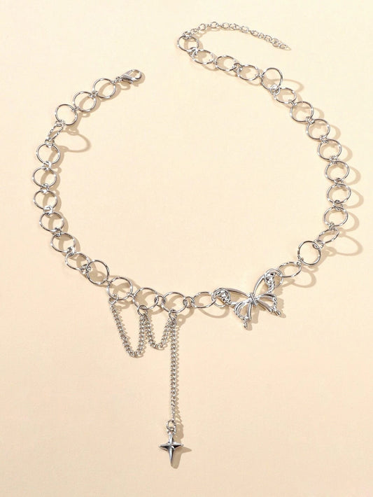 Silver Chain Star Butterfly Fringe Necklace Tassel Collar Accessories