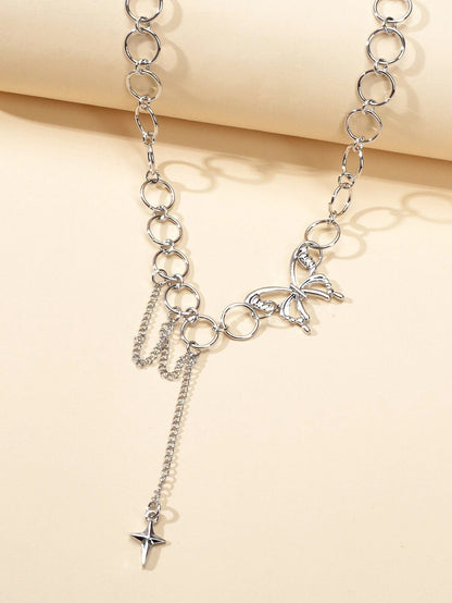 Silver Chain Star Butterfly Fringe Necklace Tassel Collar Accessories