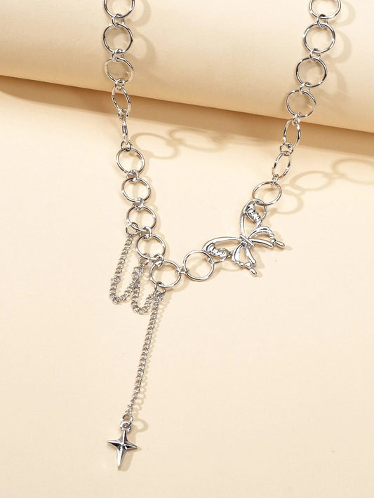 Silver Chain Star Butterfly Fringe Necklace Tassel Collar Accessories